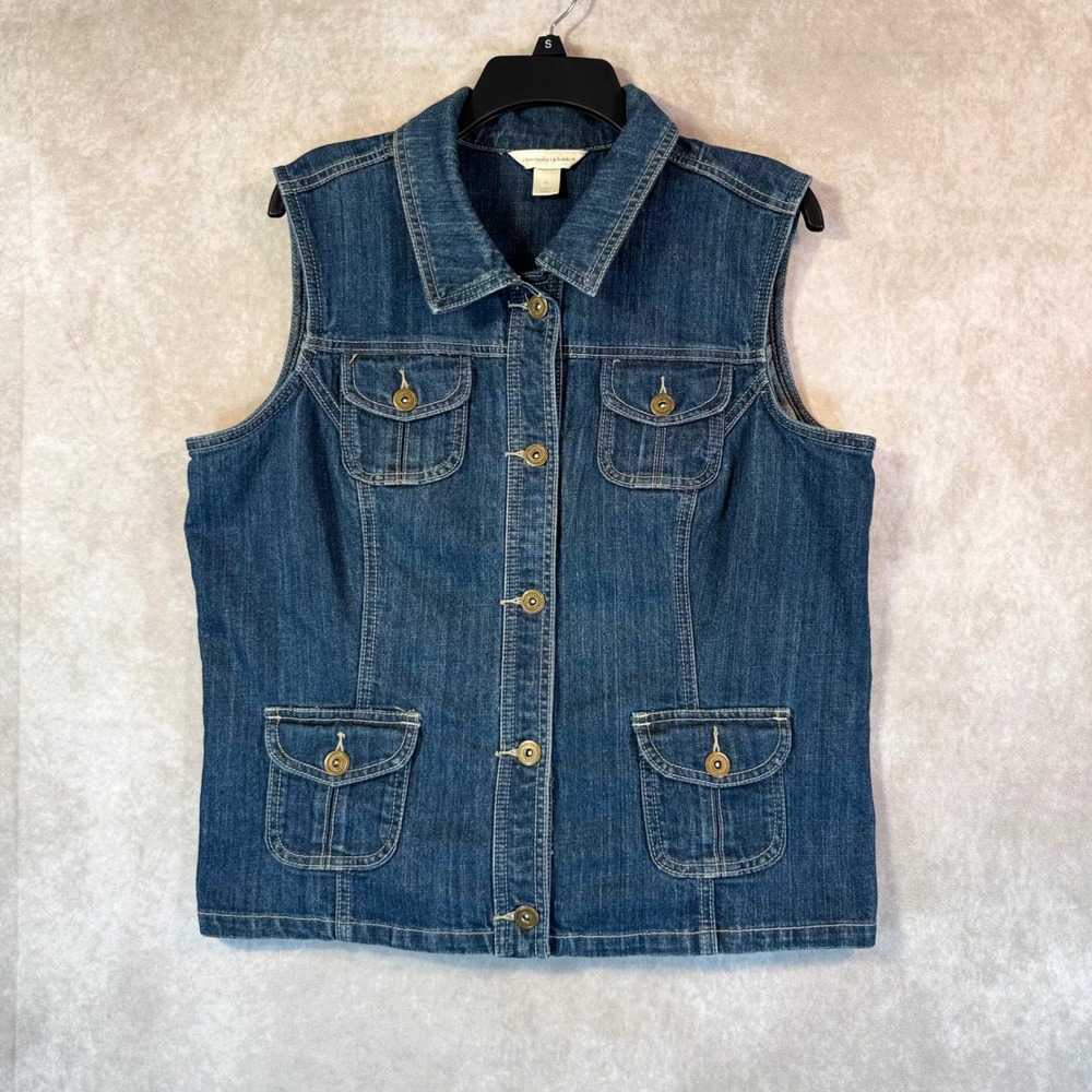 Christopher & Banks Denim Vest Women XL Blue Button Front Stretch Pocket Boho